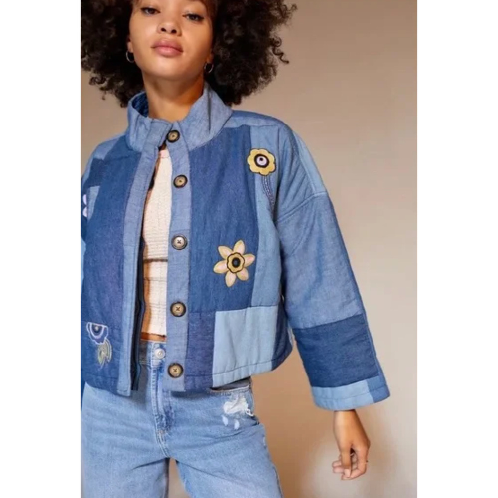 NEW KIMCHI BLUE URBAN OUTFITTERS DENIM PATCHWORK PUFFER JACKET COAT SZ XS/S